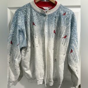 VTG Artisans Blue Gray Cardigan Aspen Cardinal Design Red mock layer collar